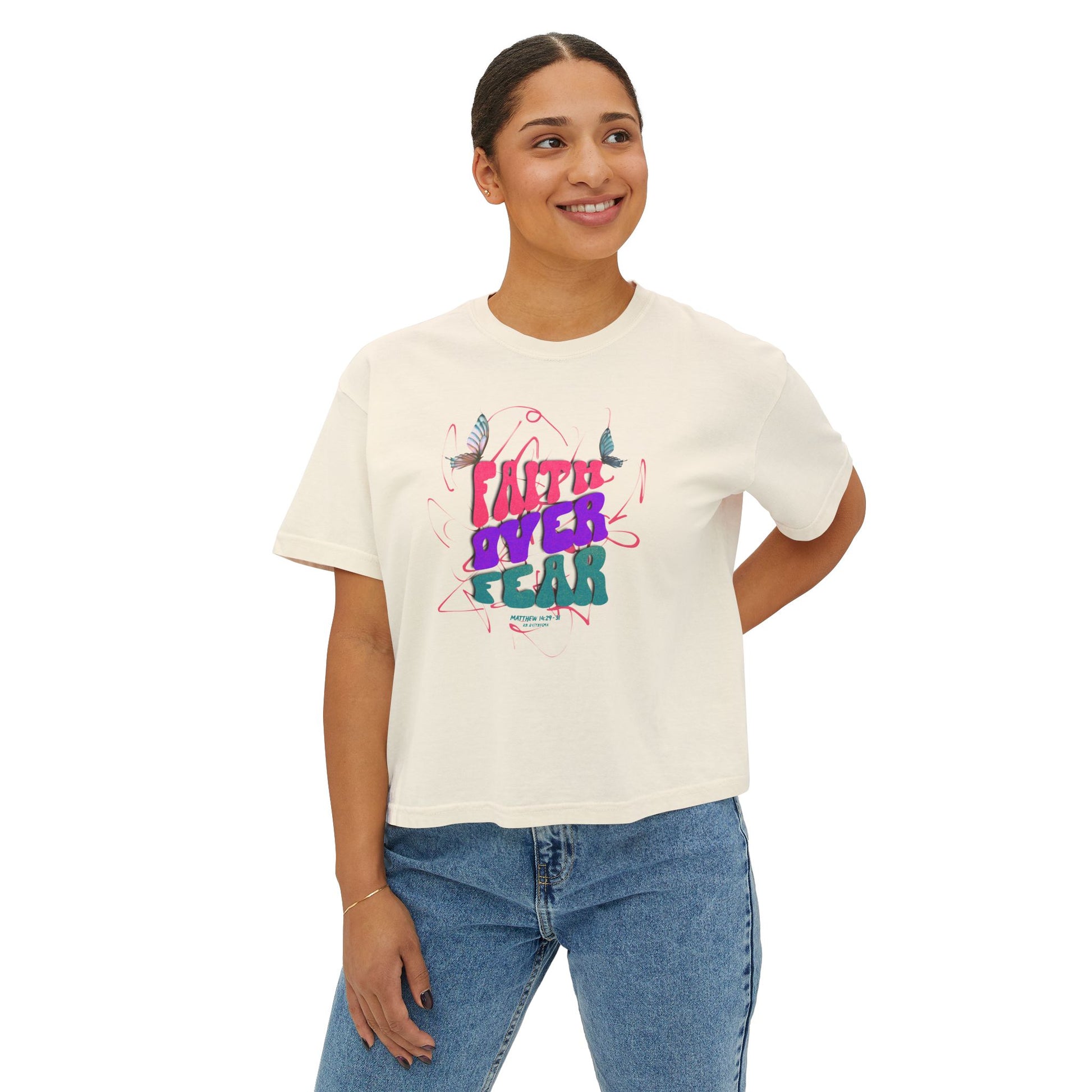 Faith Inspired Women's Boxy Tee - Matthew 14:29-31 - "Faith Over Fear"